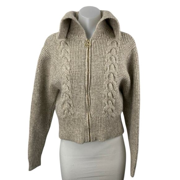 Andrew Marc NY Womens Beige Cable Waffle Knit Fleece Full Zip Sweater Top Size M - Picture 1 of 4